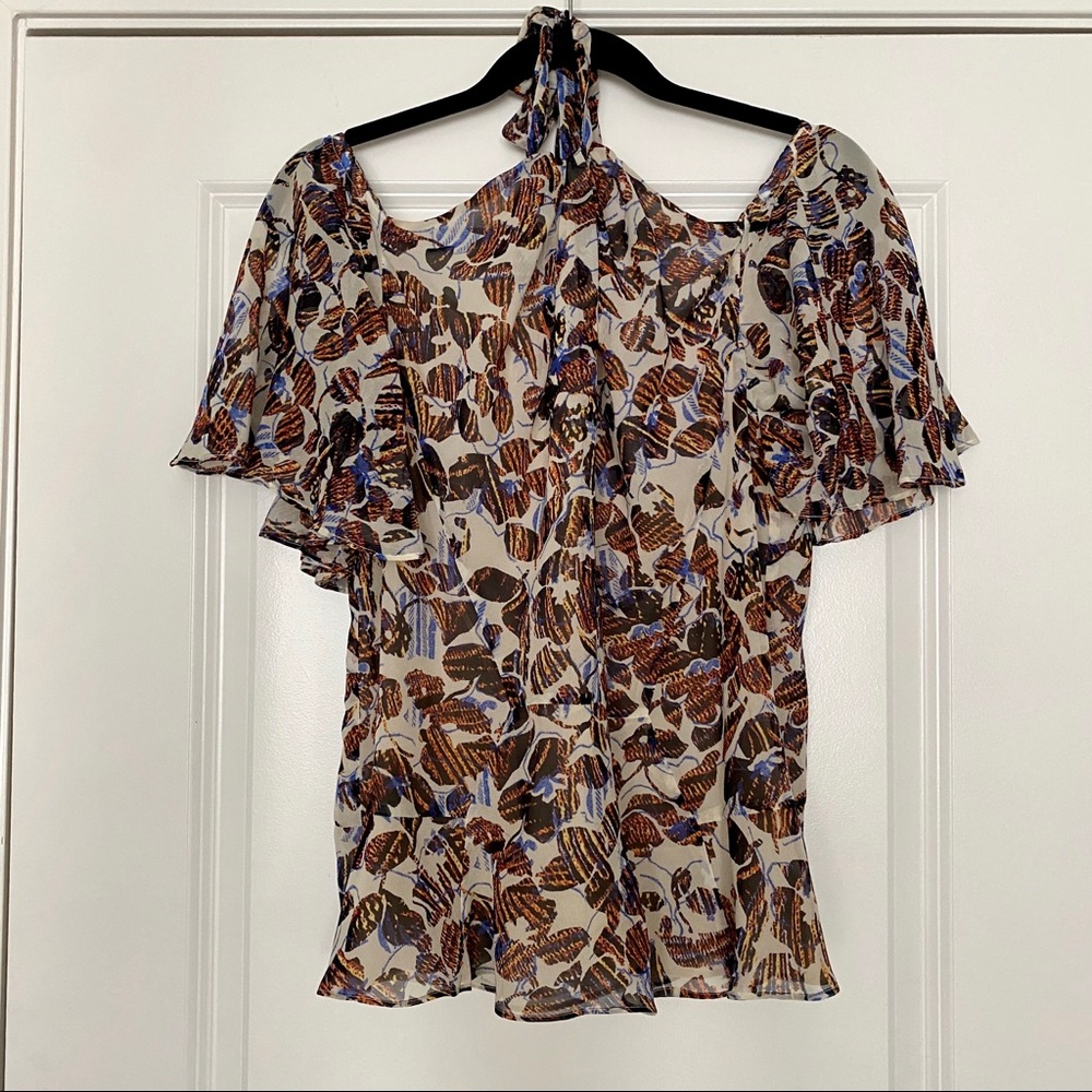 NWOT Derek Lam Brown Patterned Silk Tie Blouse